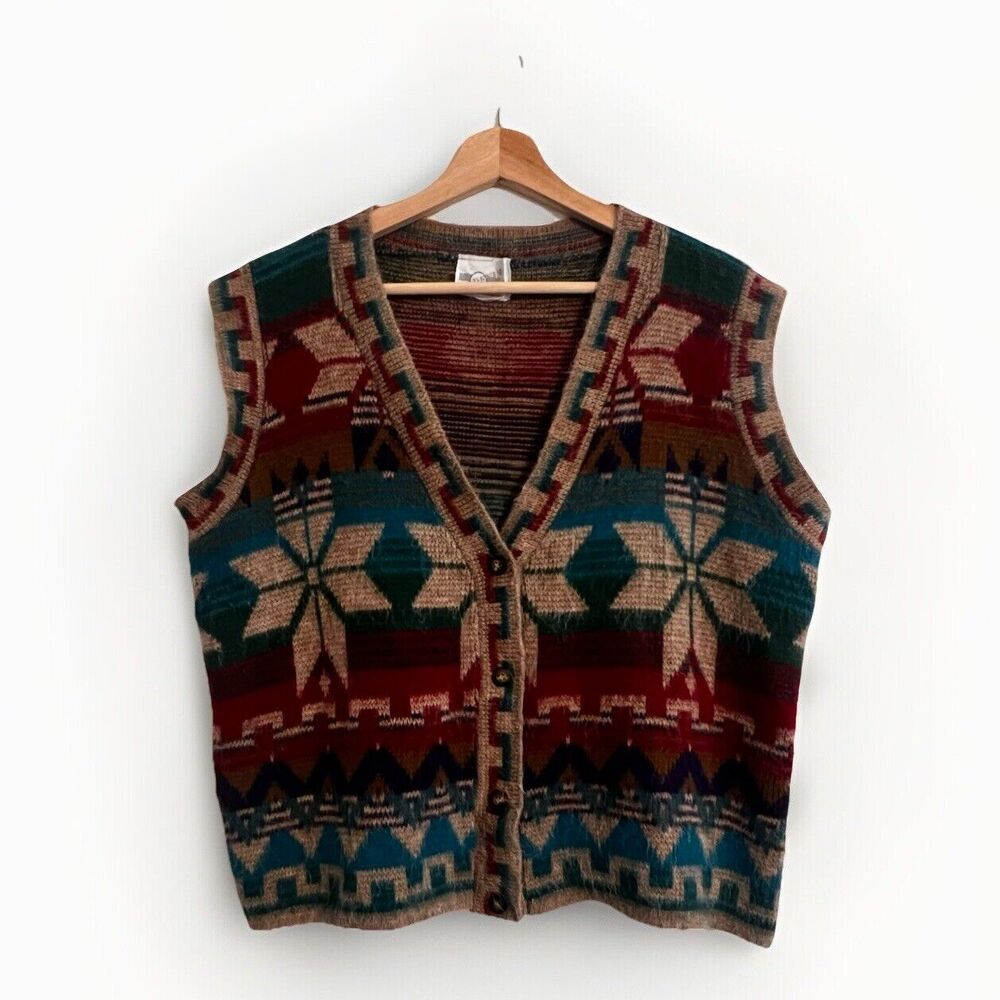 Vintage Southwestern Navajo Inspired Sweater Vest Button Front L Preppy Boho